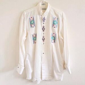 Vintage Moores Sequin Pleated Front White Dress Shirt Banded Collar Sz 15 32/33